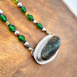 Vintage Malachite Pendant Chunky Sterling Silver Bead Necklace Artisan Prosperit